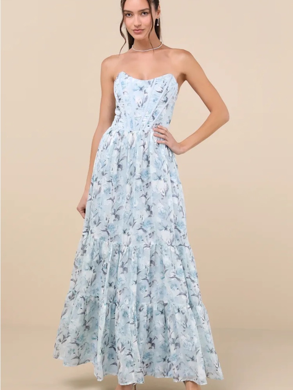 Lulu's Light Blue Floral Strapless Sweetheart Maxi Dress